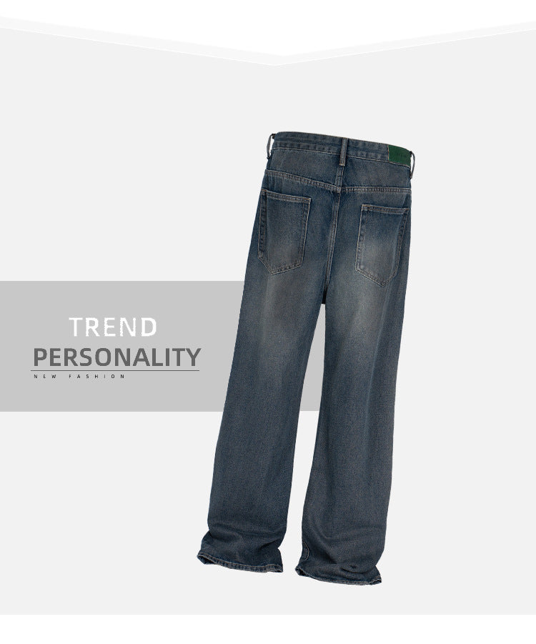 Vintage Wash Unisex Straight Jeans High Street Distressed Denim