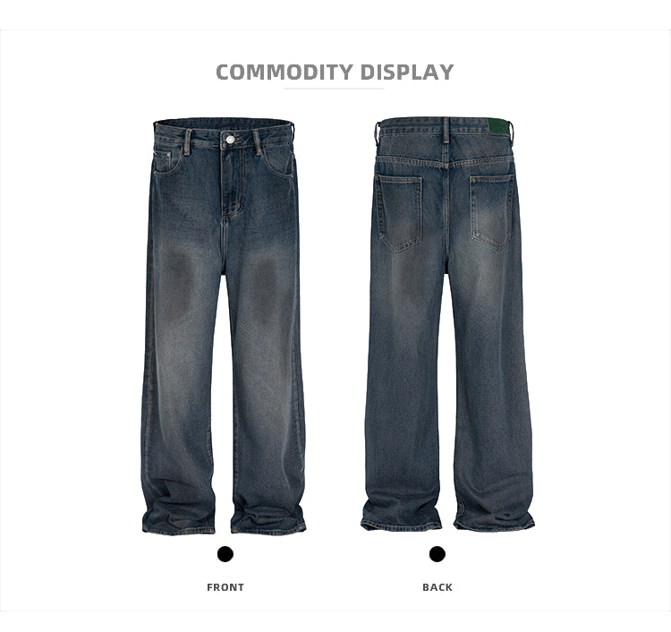 Vintage Wash Unisex Straight Jeans High Street Distressed Denim