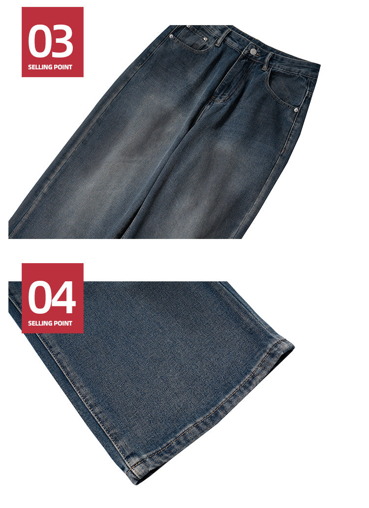 Vintage Wash Unisex Straight Jeans High Street Distressed Denim