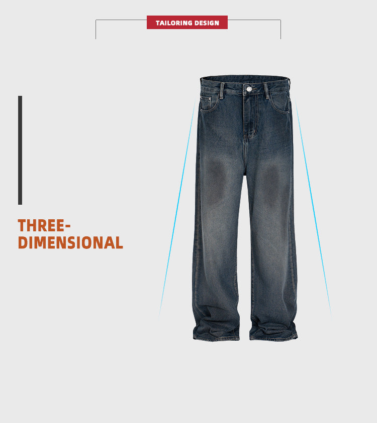Vintage Wash Unisex Straight Jeans High Street Distressed Denim
