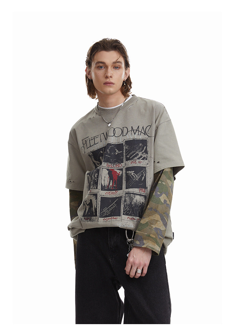 Vintage Camouflage Faux Two-piece Long Sleeve T-Shirt