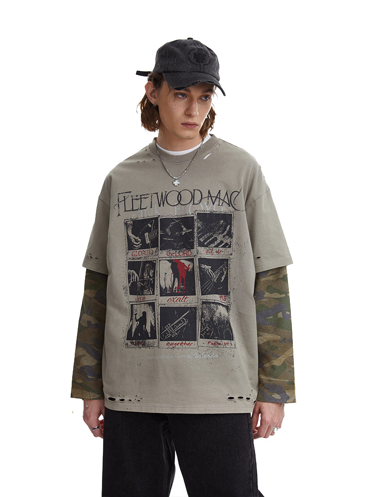 Vintage Camouflage Faux Two-piece Long Sleeve T-Shirt
