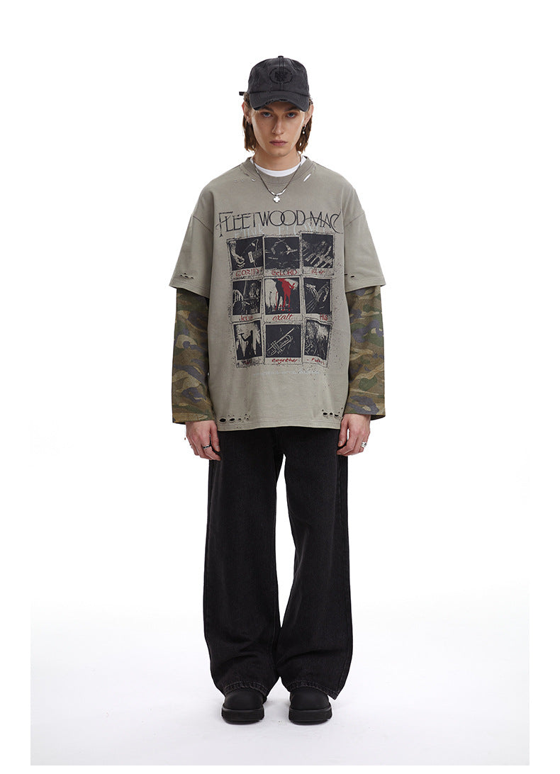 Vintage Camouflage Faux Two-piece Long Sleeve T-Shirt