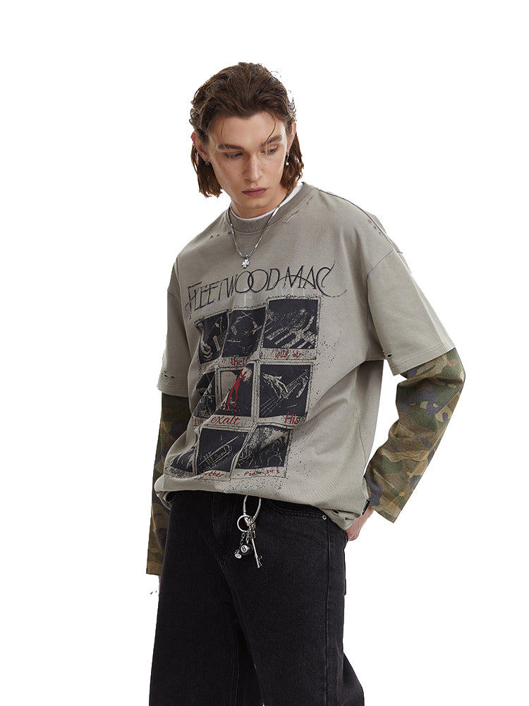 Vintage Camouflage Faux Two-piece Long Sleeve T-Shirt