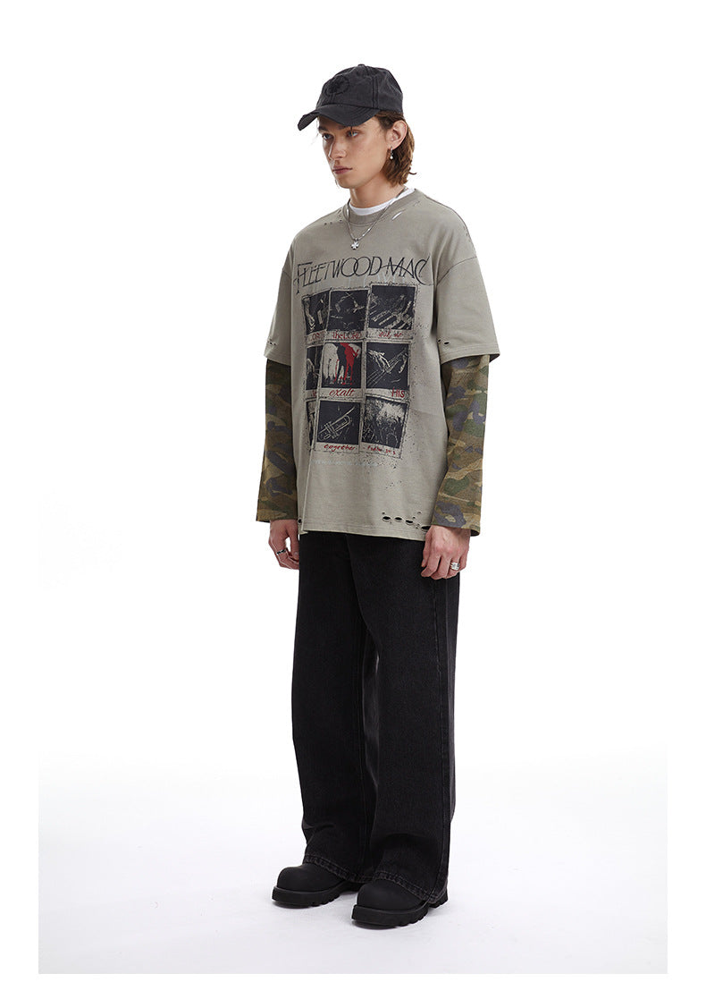 Vintage Camouflage Faux Two-piece Long Sleeve T-Shirt