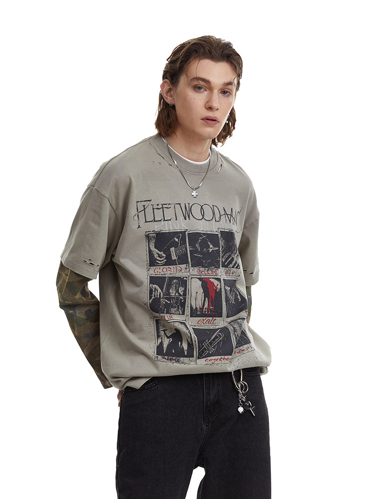 Vintage Camouflage Faux Two-piece Long Sleeve T-Shirt