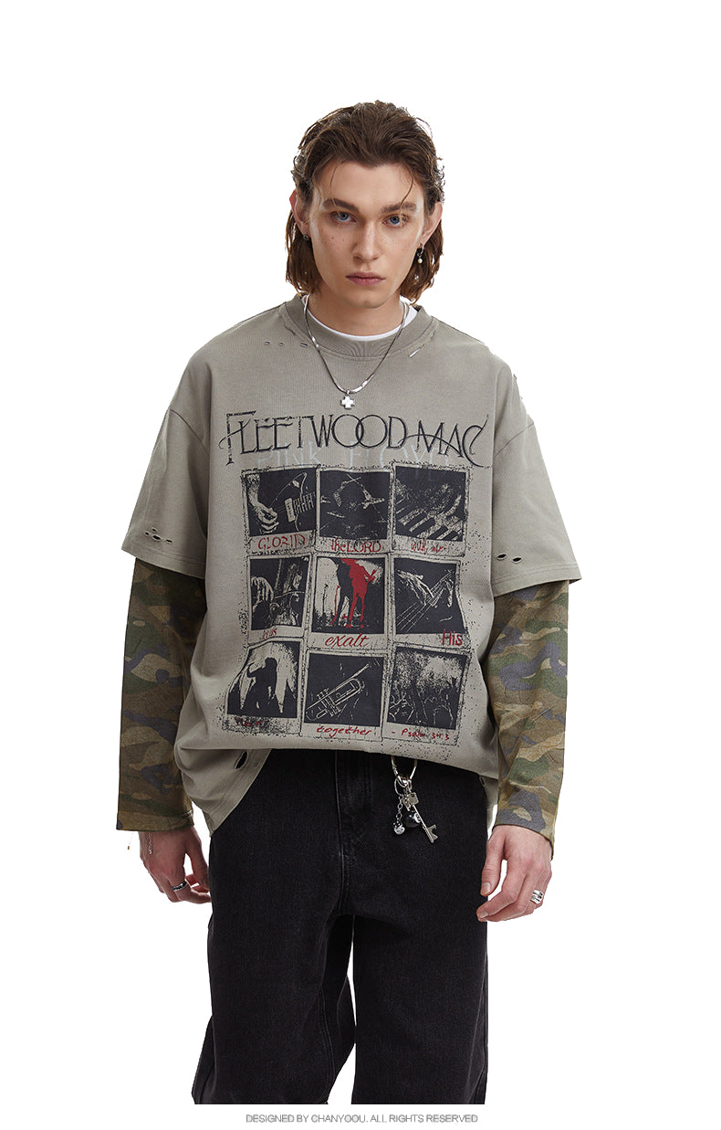 Vintage Camouflage Faux Two-piece Long Sleeve T-Shirt