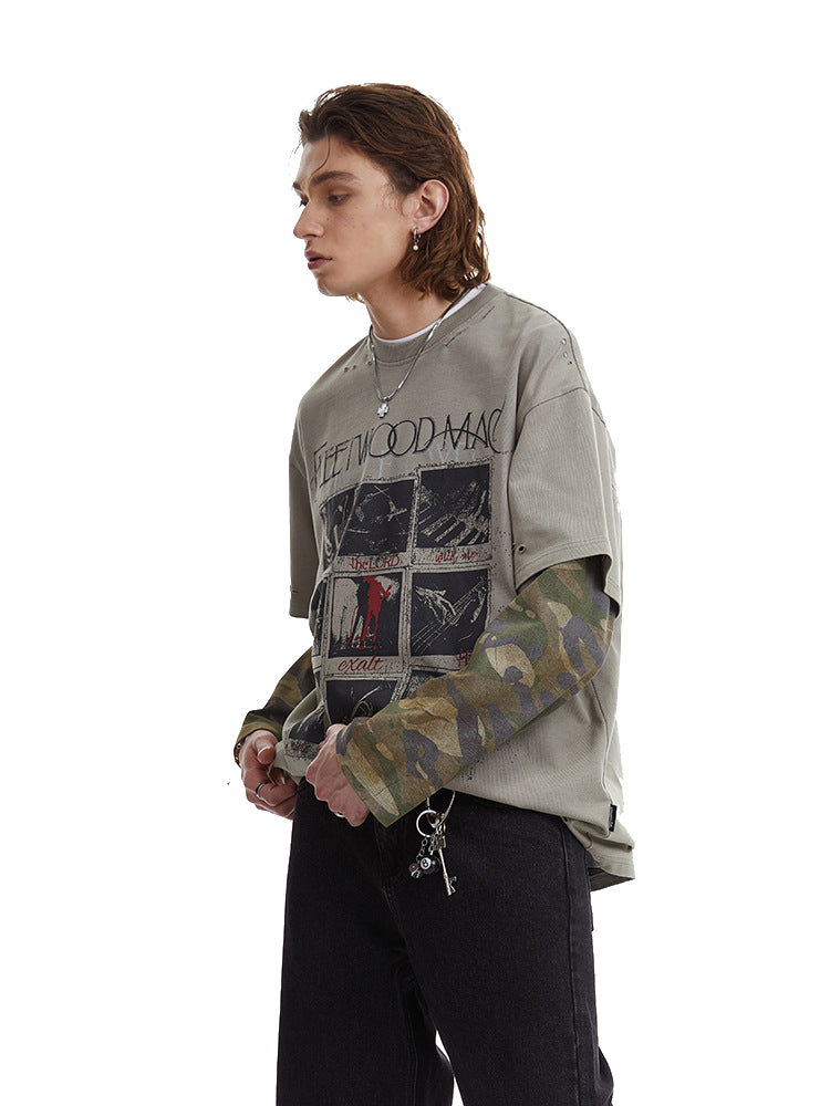 Vintage Camouflage Faux Two-piece Long Sleeve T-Shirt