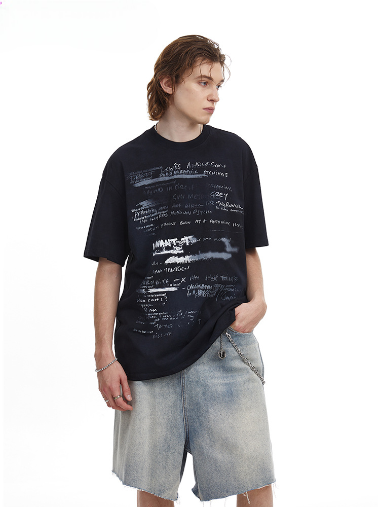 Vintage Hand Drawn Print Tee Streetwear Loose Fit Graphic T-shirt