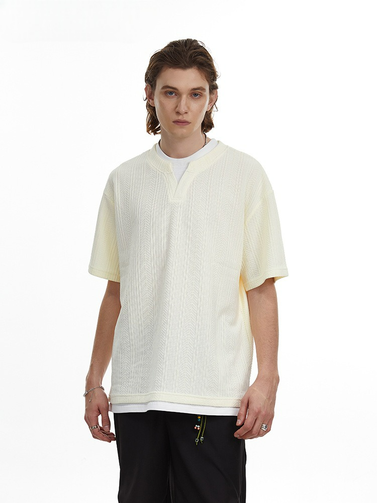 Vintage Textured Knit V-Neck T-shirt Faux Layered Tee