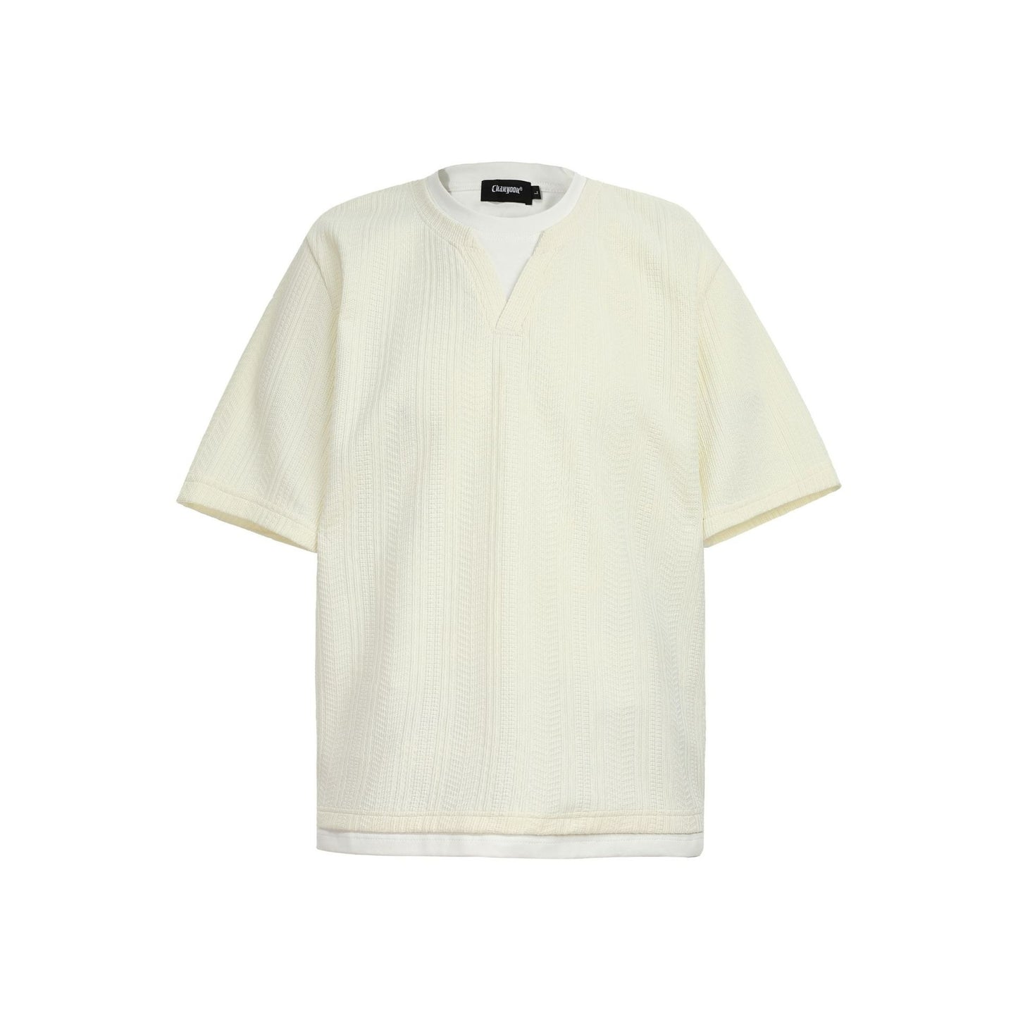 Vintage Textured Knit V-Neck T-shirt Faux Layered Tee