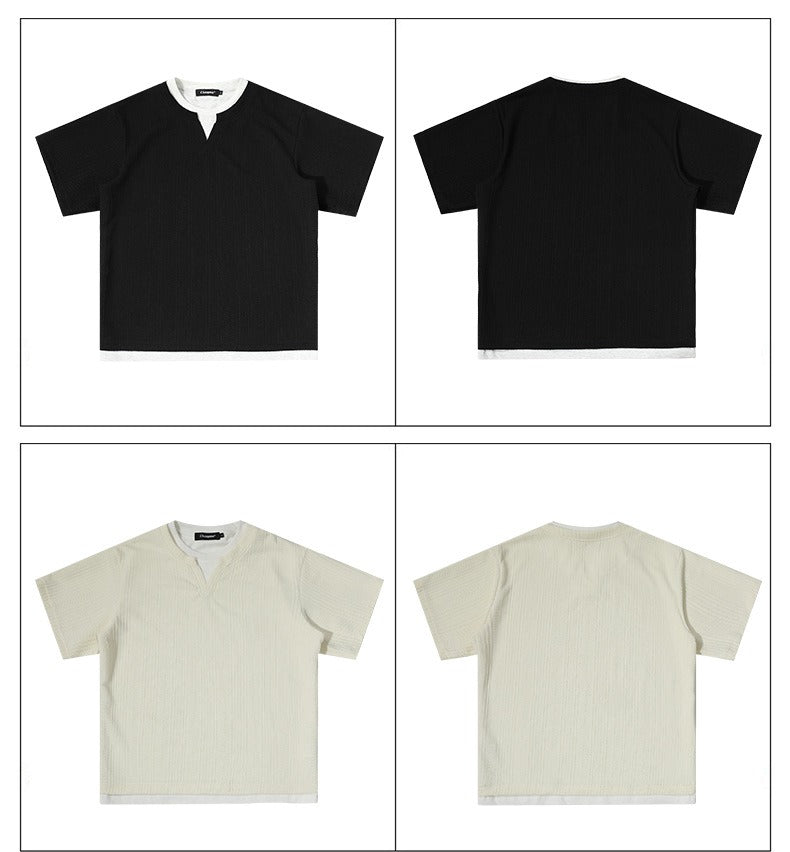 Vintage Textured Knit V-Neck T-shirt Faux Layered Tee