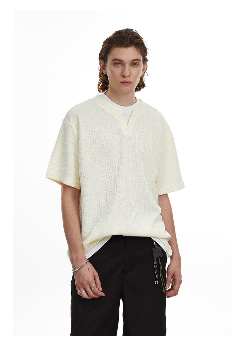 Vintage Textured Knit V-Neck T-shirt Faux Layered Tee