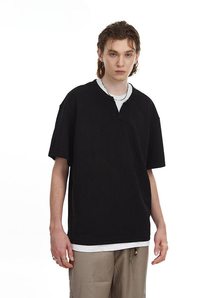 Vintage Textured Knit V-Neck T-shirt Faux Layered Tee