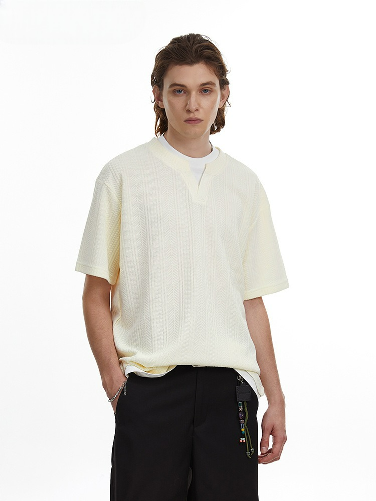 Vintage Textured Knit V-Neck T-shirt Faux Layered Tee