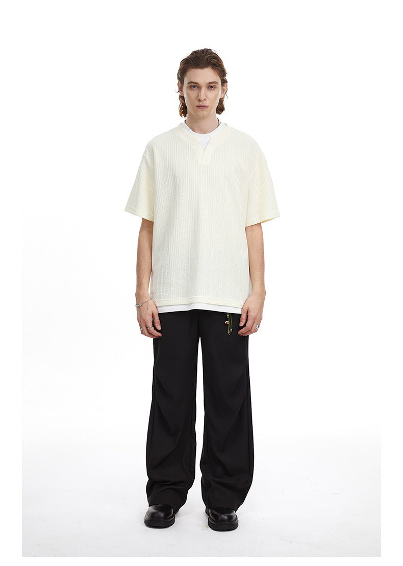 Vintage Textured Knit V-Neck T-shirt Faux Layered Tee