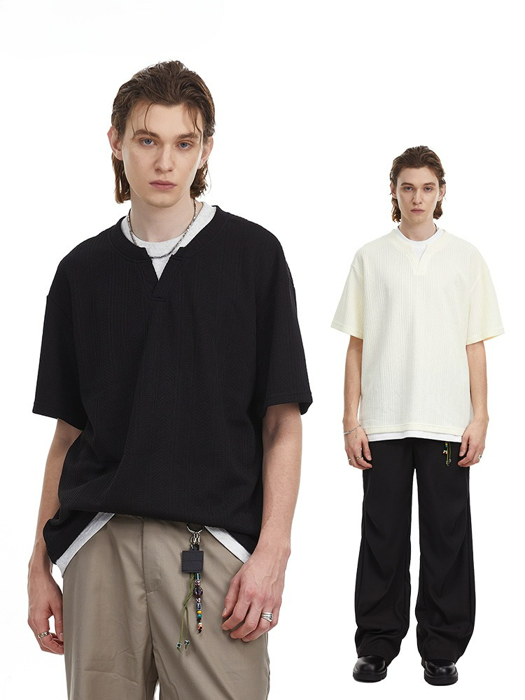 Vintage Textured Knit V-Neck T-shirt Faux Layered Tee