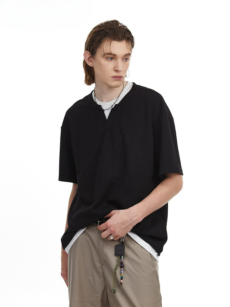 Vintage Textured Knit V-Neck T-shirt Faux Layered Tee