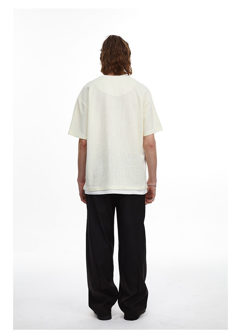 Vintage Textured Knit V-Neck T-shirt Faux Layered Tee