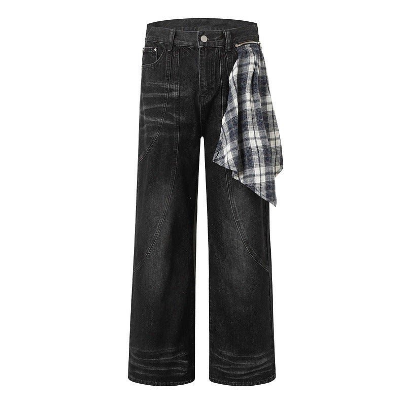 Washed Black Straight Jeans Plaid Detail