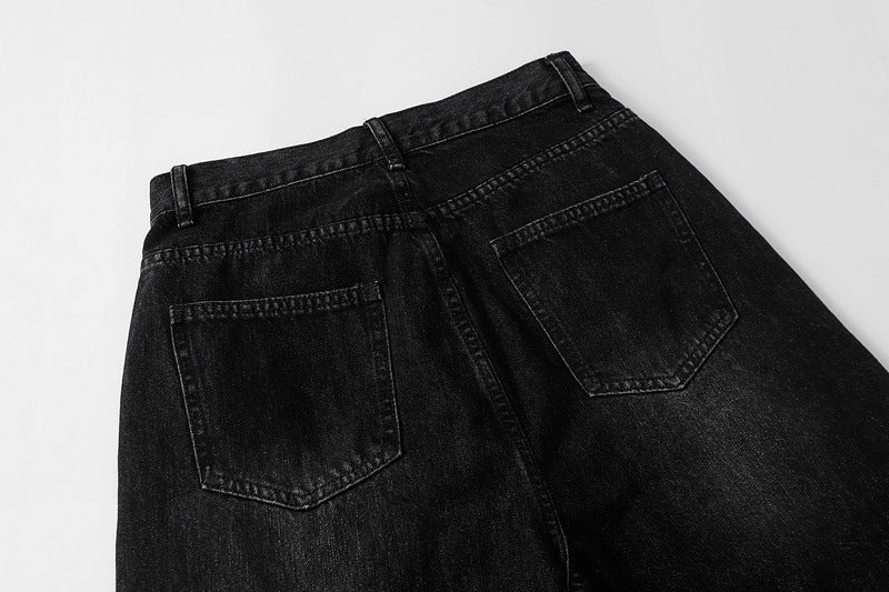 Washed Black Straight Jeans Plaid Detail