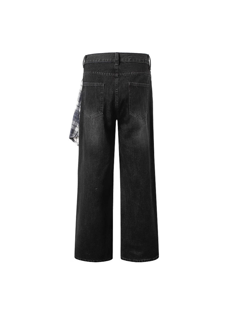 Washed Black Straight Jeans Plaid Detail