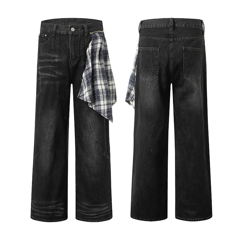 Washed Black Straight Jeans Plaid Detail