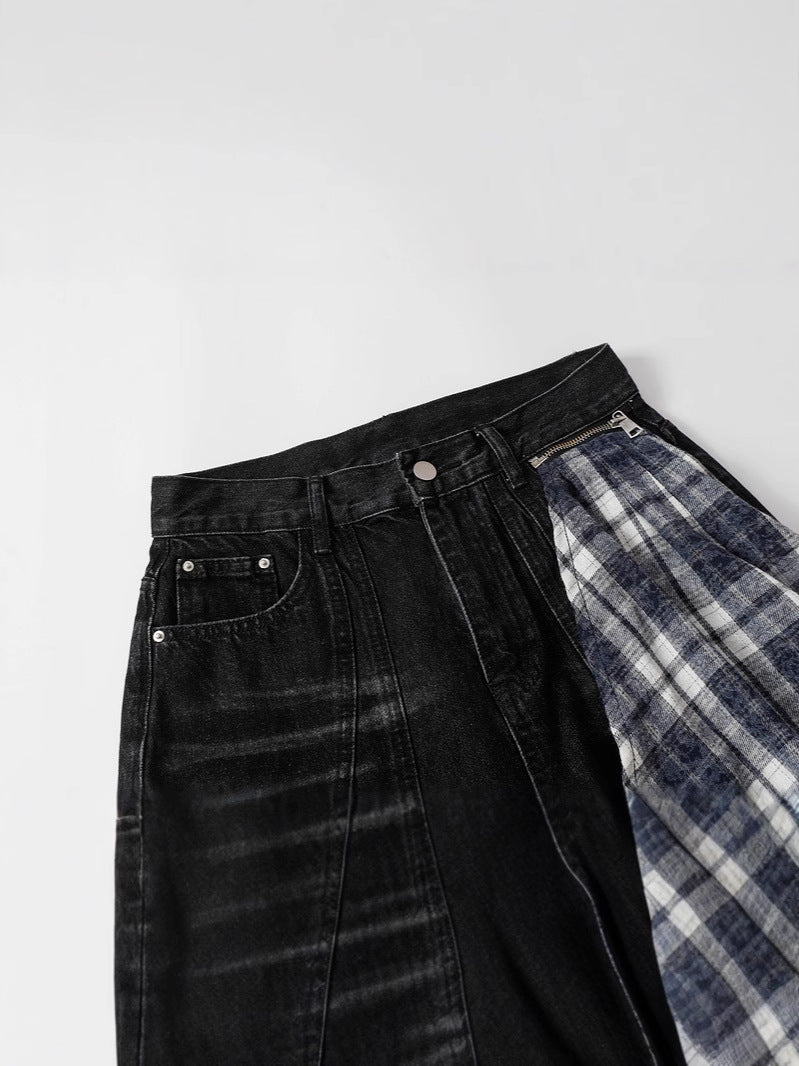 Washed Black Straight Jeans Plaid Detail