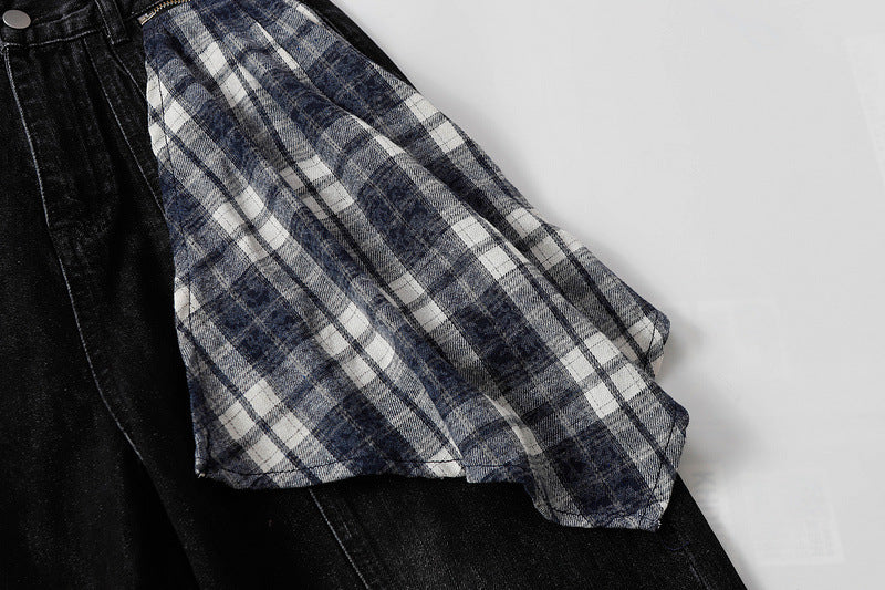 Washed Black Straight Jeans Plaid Detail