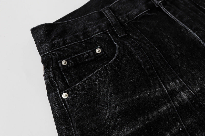 Washed Black Straight Jeans Plaid Detail
