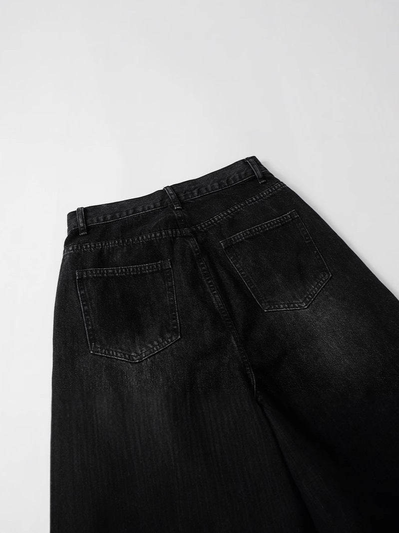 Washed Black Straight Jeans Plaid Detail