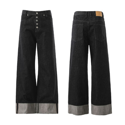 Black Raw Selvedge Denim Jeans Unisex 14oz Wide Leg Fit