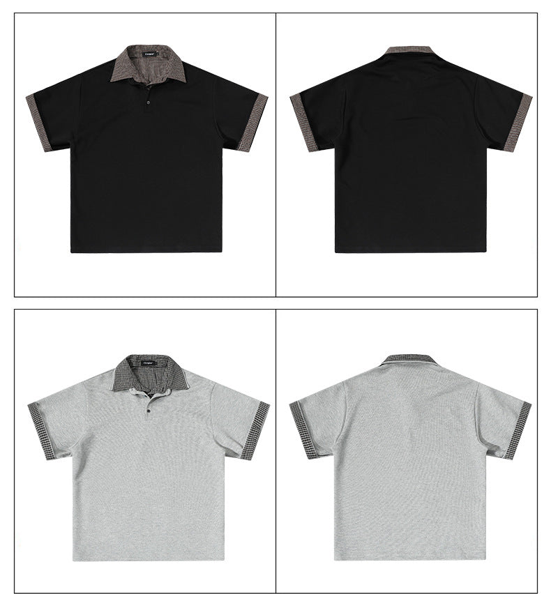Checkered Double Collar Polo Retro Contrast Short Sleeved Tee