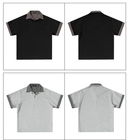 Checkered Double Collar Polo Retro Contrast Short Sleeved Tee
