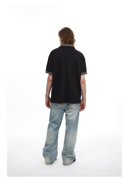 Checkered Double Collar Polo Retro Contrast Short Sleeved Tee