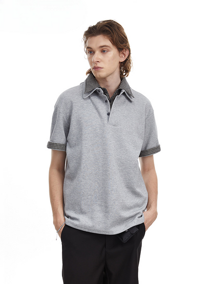 Checkered Double Collar Polo Retro Contrast Short Sleeved Tee