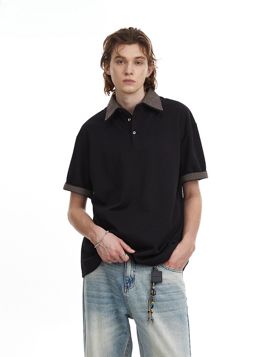 Checkered Double Collar Polo Retro Contrast Short Sleeved Tee