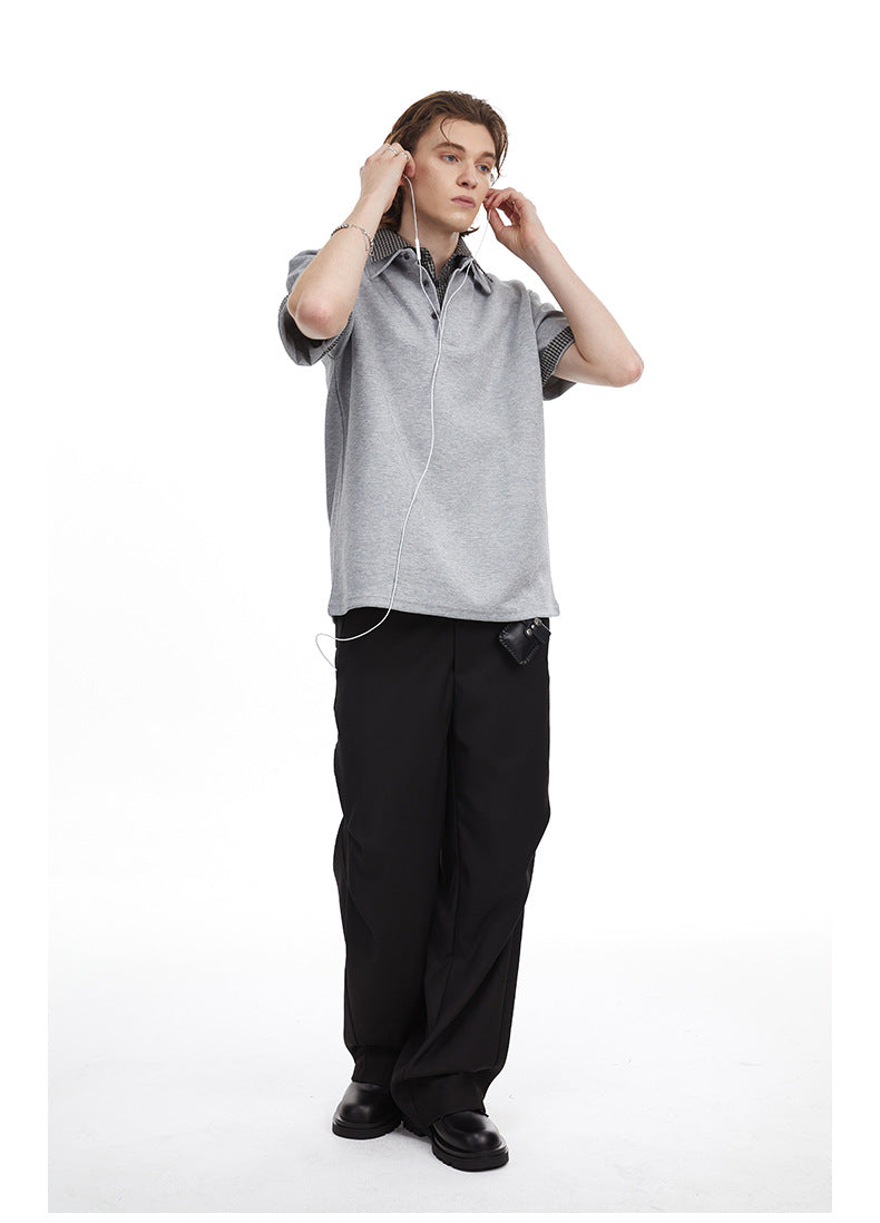 Checkered Double Collar Polo Retro Contrast Short Sleeved Tee