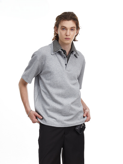 Checkered Double Collar Polo Retro Contrast Short Sleeved Tee