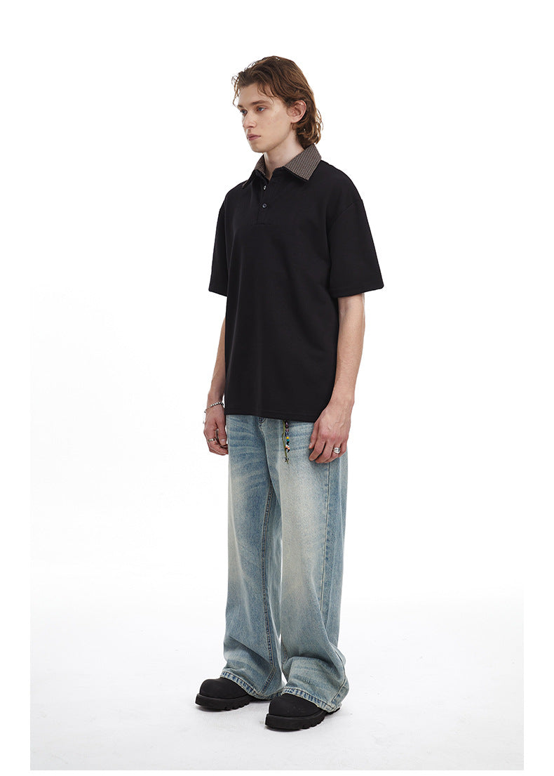 Checkered Double Collar Polo Retro Contrast Short Sleeved Tee