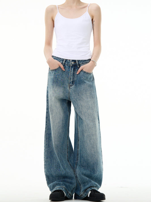Clean Fit Wide Leg Jeans Vintage Wash Blue Denim
