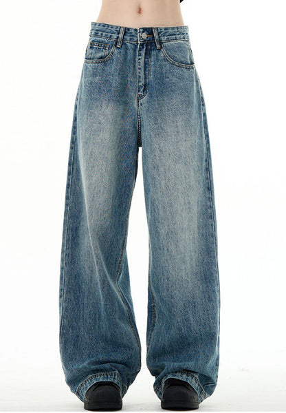 Clean Fit Wide Leg Jeans Vintage Wash Blue Denim