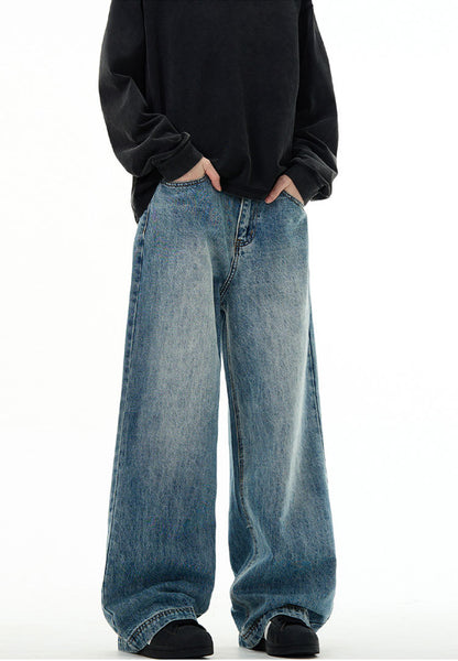 Clean Fit Wide Leg Jeans Vintage Wash Blue Denim