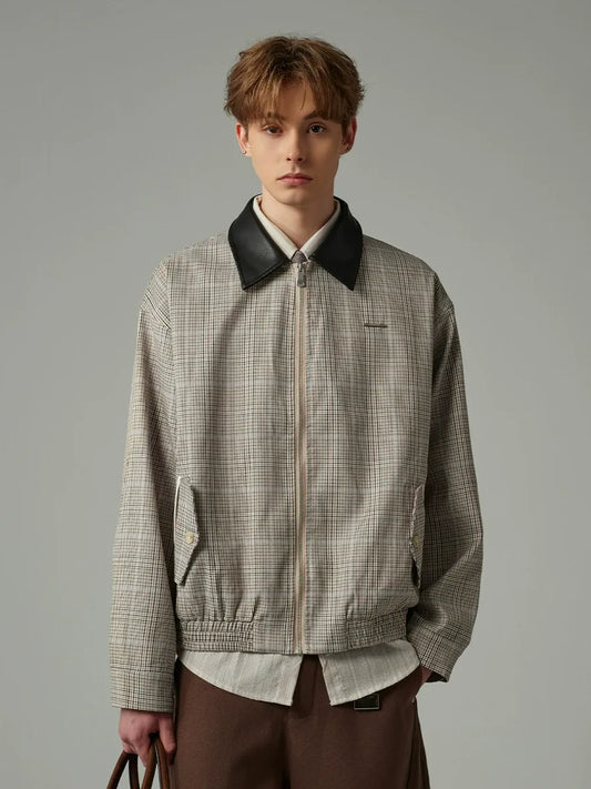 Cleanfit Houndstooth Plaid Harrington Jacket with Contrast Collar