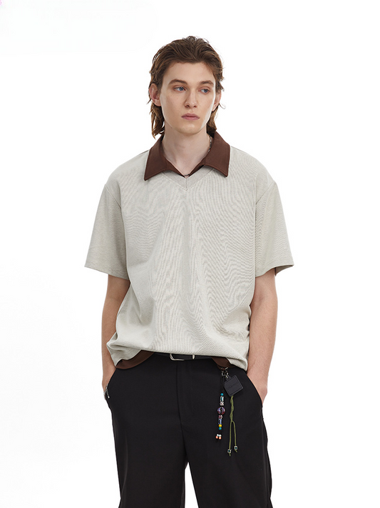 Contrast Collar Faux Layer Polo Shirt Textured Knit