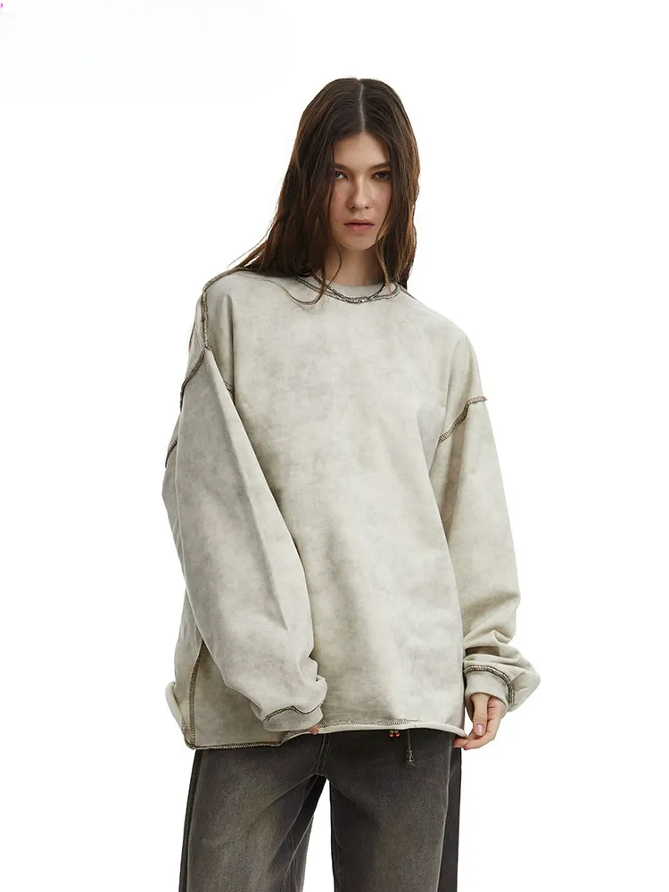 Contrast Stitch Washed Pullover Relaxed Fit Crewneck Sweatshirt