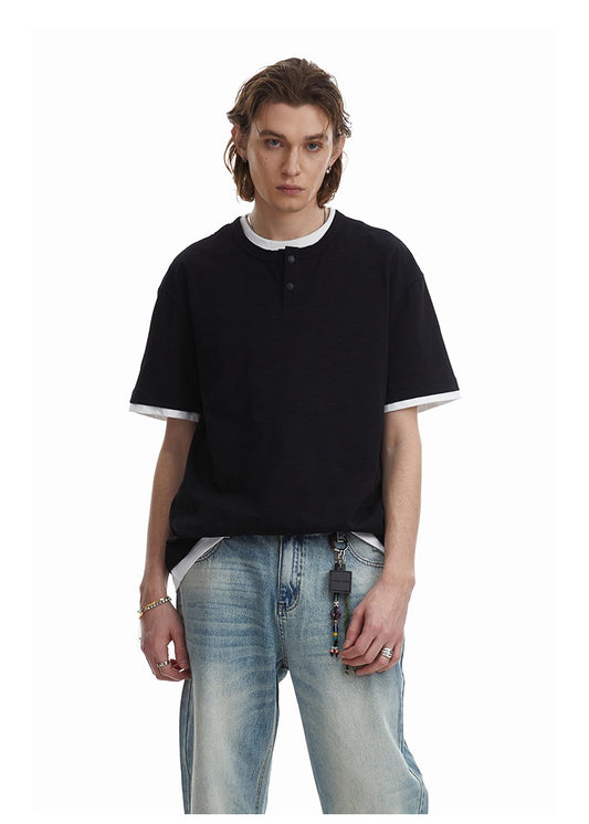 Contrast Trim Henley Tee Faux Layer Clean Fit Simple T-Shirt