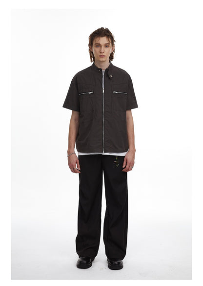Deconstructed Moto Zip-Up Shirt Retro Workwear Shirt with Stand Collar