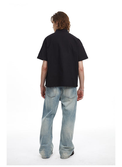 Deconstructed Moto Zip-Up Shirt Retro Workwear Shirt with Stand Collar