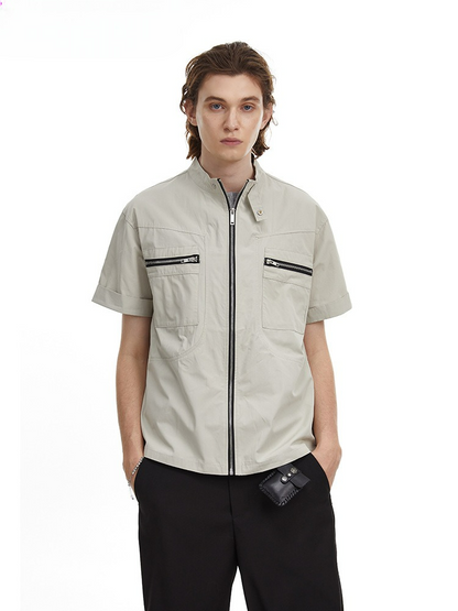 Deconstructed Moto Zip-Up Shirt Retro Workwear Shirt with Stand Collar